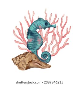 Seahorse, spiral shell, bubbles. Vector sea illustration in watercolor style. Greeting cards, invitations, covers, themed flyers and banners.