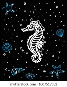 Seahorse with splashes of water, starfish and shells.
