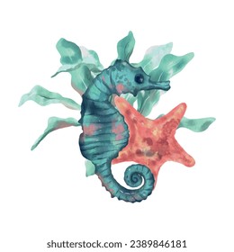 Seahorse, starfish and algae. Vector sea illustration in watercolor style. Greeting cards, invitations, covers, themed flyers and banners.