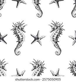 Seahorse and starfish on a white background, seamless pattern, marine. Hand drawn graphic illustration in black and white color line art. Seamless pattern on marine theme