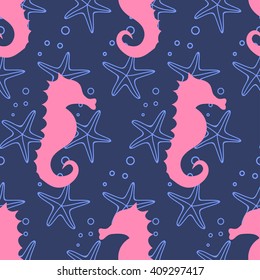 Seahorse and starfish seamless pattern on blue background. Sea life summer background. Cute sea life background. Design for fabric and decor.