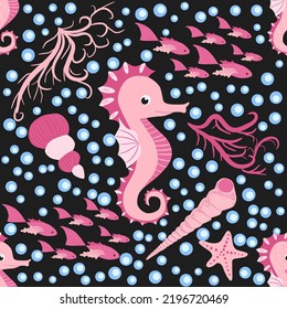 Seahorse and starfish seamless pattern. Sea life summer background. Cute sea life. Design for fabric and decor.