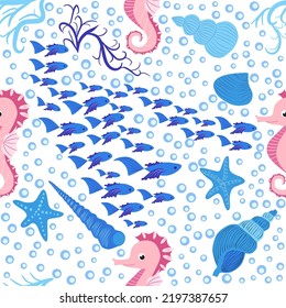 Seahorse and starfish seamless pattern. Sea life summer background. Cute sea life. Design for fabric and decor.