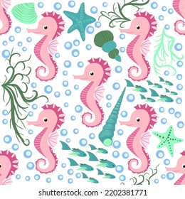 Seahorse and starfish seamless pattern. Sea life summer background. Cute sea life. Design for fabric and decor.