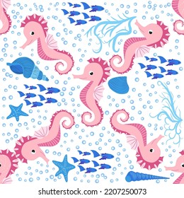 Seahorse and starfish seamless pattern. Sea life summer background. Cute sea life. Design for fabric and decor.