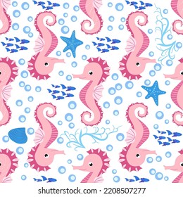 Seahorse and starfish seamless pattern. Sea life summer background. Cute sea life. Design for fabric and decor.