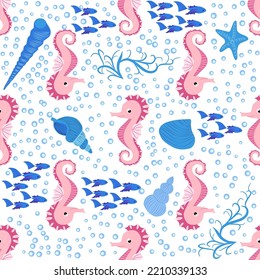 Seahorse and starfish seamless pattern. Sea life summer background. Cute sea life. Design for fabric and decor.