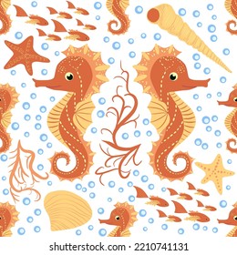 Seahorse and starfish seamless pattern. Sea life summer background. Cute sea life. Design for fabric and decor.