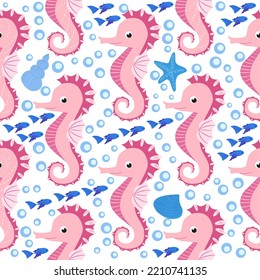 Seahorse and starfish seamless pattern. Sea life summer background. Cute sea life. Design for fabric and decor.