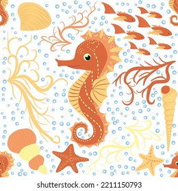 Seahorse and starfish seamless pattern. Sea life summer background. Cute sea life. Design for fabric and decor.