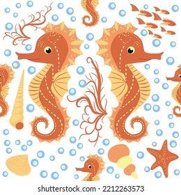 Seahorse and starfish seamless pattern. Sea life summer background. Cute sea life. Design for fabric and decor.