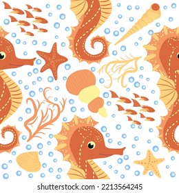 Seahorse and starfish seamless pattern. Sea life summer background. Cute sea life. Design for fabric and decor.