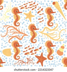 Seahorse and starfish seamless pattern. Sea life summer background. Cute sea life. Design for fabric and decor.