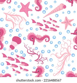 Seahorse and starfish seamless pattern. Sea life summer background. Cute sea life. Design for fabric and decor.