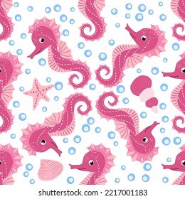 Seahorse and starfish seamless pattern. Sea life summer background. Cute sea life. Design for fabric and decor.