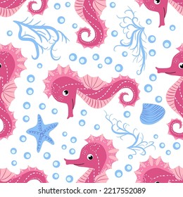Seahorse and starfish seamless pattern. Sea life summer background. Cute sea life. Design for fabric and decor.