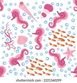 Seahorse and starfish seamless pattern. Sea life summer background. Cute sea life. Design for fabric and decor.