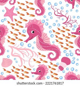 Caballo de mar y estepa sin costura. Fondo de verano para la vida marina. Vida marina. Diseño de tejidos y decoración.