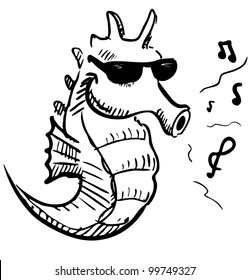 Seahorse in sunglasses whistling music. Hand drawing sketch vector illustration