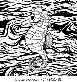 Seahorse Swimming in Wavy Ocean Illustration Sketch Coloring Page , coloring book
