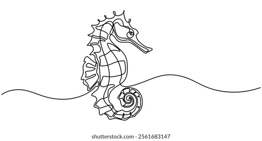 Seahorse swims underwater.Set of sea ocean elements.One continuous line .One continuous drawing line logo isolated minimal illustration, Continuous curve one line drawing of cute swimming seahorse. 