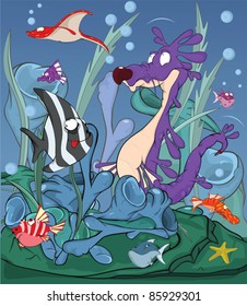 Seahorse and tropical small fishes under water. Cartoon