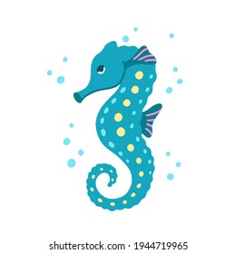 Seahorse, turquoise character with air bubbles. Cartoon hand drawn illustration of cute ocean animal. Childish t shirt print, poster. Flat isolated vector clipart, white background