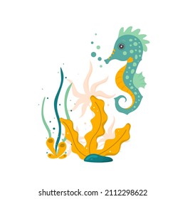 Seahorse turquoise hand drawn vector illustration. Cute cartoon seahorse. 