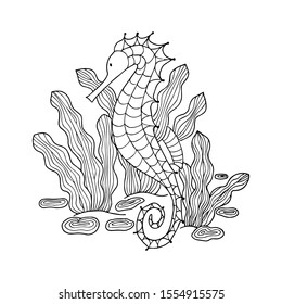 Seahorse under the sea water, saewares and stones. Doodle coloring page. Stock vector illustration.