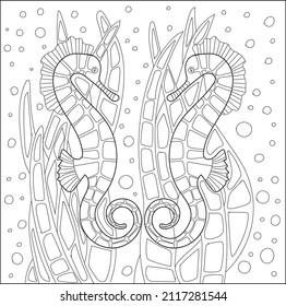 Seahorse underwater coloring page. Hand drawn vector illustration.