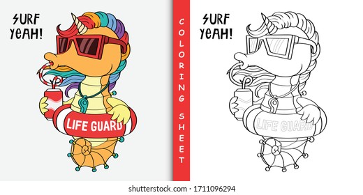 Seahorse unicorn the lifeguard, Coloring sheet for stay home activity