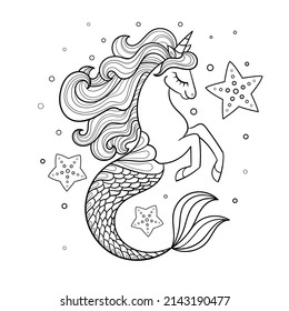 Seahorse unicorn with starfish. Black and white line drawing. For children's design of coloring books, prints, posters, cards, tattoos, games and so on. Vector