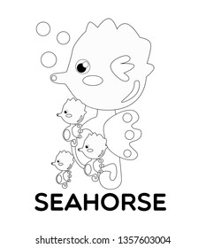 seahorse, vector animal cartoon, coloring book or page