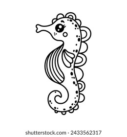 Seahorse vector icon. Cute underwater animal with a curled tail, striped belly, fin. Funny aquarium pet, ocean fish. Hand drawn doodle, black and white clipart. Marine coloring page for kids, babies