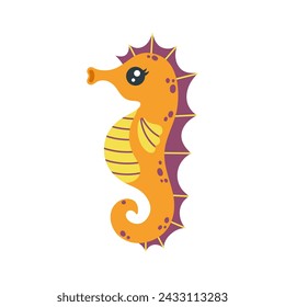 Seahorse vector illustration. Cute underwater animal with a curled tail, striped belly, fin. Funny aquarium pet, ocean fish. Hand drawn illustration. Flat cartoon clipart for kids. Isolated on white