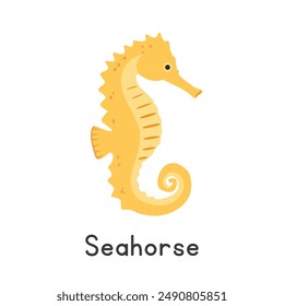 Seahorse vector illustration. Cute yellow seahorse cartoon clipart, animal in flat style. Sea animals, underwater creatures, ocean animals, marine life concept. Seahorse vector design