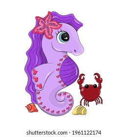 Seahorse vector image isolated on white background and made in cartoon style. Cartoon character of a purple seahorse next to which a crab is crawling.