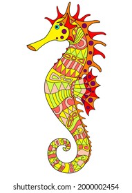 Seahorse - vector linear full color zentangle illustration - with sea animal living in the ocean. Template for stained glass, batik or coloring. Seahorse painted with zentangles