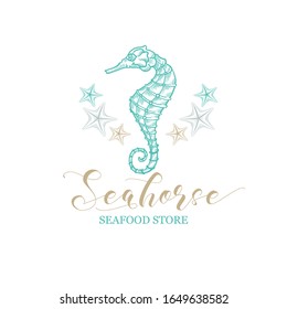 Seahorse vector logo for seafood store and fish market shop. Marine seahorse and starfish of premium quality stars with golden calligraphy in thin line drawing art design and pencil hatching style