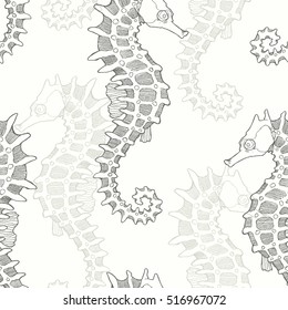 Seahorse. Vector seamless pattern. Hand drawn illustration with stylized seahorse