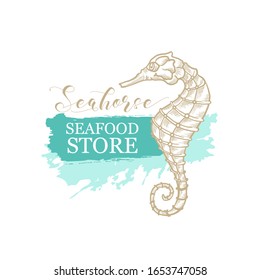 Seahorse vector thin line art design for seafood store and fish market logo. Seahorse in golden pencil hatching, calligraphy and sketch texture on marine green or turquoise paint stroke background