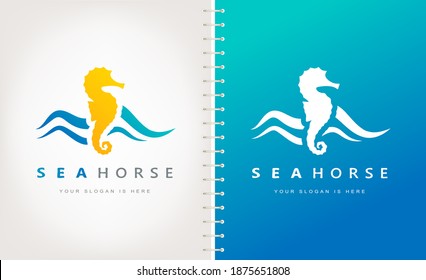 Caballo de mar y vector del logotipo de onda. Diseño subacuático.