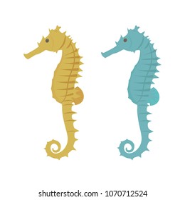 Seahorse, yellow and blue on white isolated background. Vector illustration. Template for the design of the album, postcard, applique.