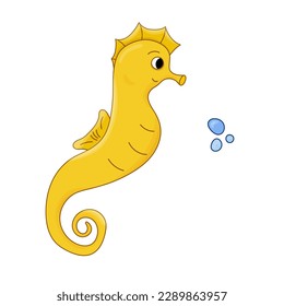 Seahorse yellow cartoon vector illustration, air bubble. Hippocampus Isolated Ocean Marine animal. Elements for icon, cover, print, book illustration, poster, card, web element, card for children.