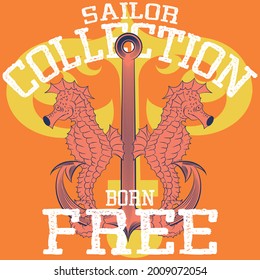 seahorses and anchor with text and orange background