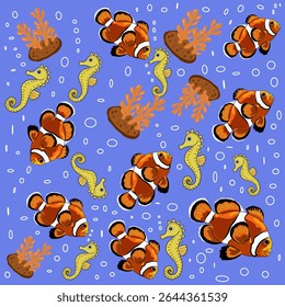 Seahorses, anemones, and clownfish vector seamless pattern, underwater ocean creatures in colorful illustration, perfect for marine and aquatic designs.