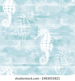 Seahorses.  Art background on a marine theme. Hand drawn seamless vector pattern on a blue watercolor background. Perfect for wallpaper, wrapping, fabric and textile. 