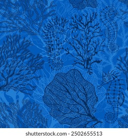 Seahorses and corals. Monochrome seamless pattern on a marine theme. Blue. Hand-drawn vector background. Perfect for design templates, wallpaper, wrapping, fabric, print and textile.