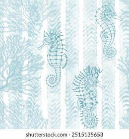 Seahorses and corals on waves background. Sea art background. Seamless pattern on the marine theme. Vector. Perfect for design templates, wallpaper, wrapping, fabric and textile.