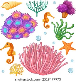 Seahorses, corals, and sea plants illustration